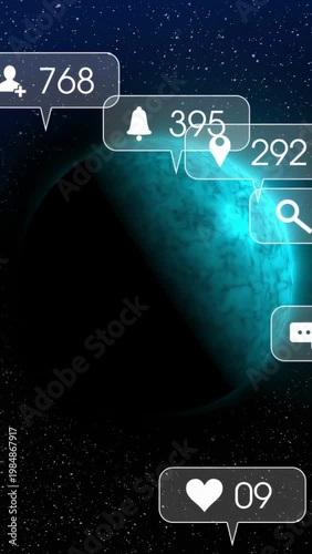 Vertical video: Teal planet resting amid stars, tech pings spawning numeric bubbles showing reach