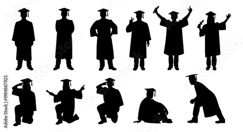 Silhouettes of successful graduates celebrating their academic achievement; diverse poses capture the excitement of graduation day and future opportunities for higher education.