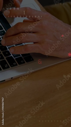 Vertical video: Dev hands moving onto laptop keys and typing, coding overlay appearing across keys
