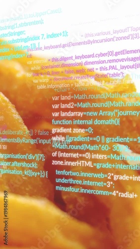 Vertical video: Fried strips, code overlay appearing from 3rd, scrolling over batter, showing tech