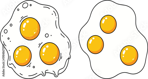 Illustration of Two Fried Eggs with Three Egg Yolks in Bright Yellow Color, Hand-Drawn and Simplified Style for Food and Cooking Designs