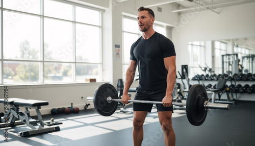 trong male athlete performing a heavy deadlift with a barbell in a spacious modern gym with large windows and daylight