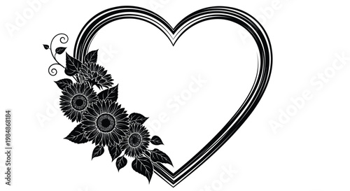 Black heart shape, floral decoration, vector icon, love symbol, illustration