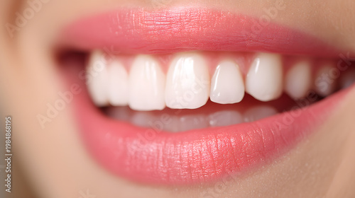 Radiant Smile: An up-close view reveals a perfect set of pearly white teeth framed by a soft, inviting smile, showcasing healthy gums and the natural beauty of the human face.