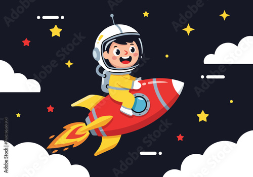 Flat style illustration of cute astronaut riding rocket through space with stars and clouds, perfect for kids posters, nursery decor, and playful space themes