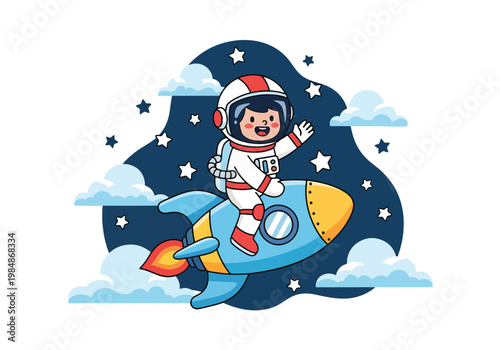 Flat style illustration of cute astronaut riding rocket through space with stars and clouds, perfect for kids posters, nursery decor, and playful space themes