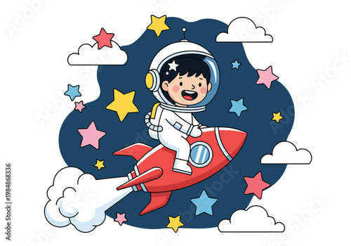 Flat style illustration of cute astronaut riding rocket through space with stars and clouds, perfect for kids posters, nursery decor, and playful space themes