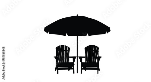 A black silhouette of beach chairs and a parasol against white