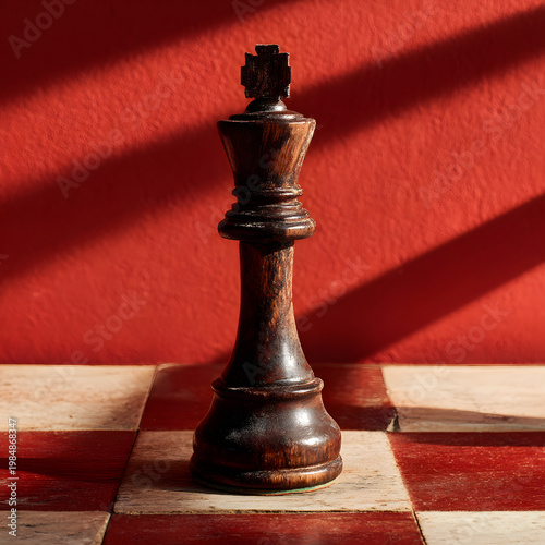 Chess King on Board: The majestic king chess piece stands centered on the checkered board with a warm, reddish background, suggesting strategy and decision-making. 