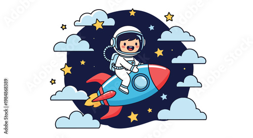 Flat style illustration of cute astronaut riding rocket through space with stars and clouds, perfect for kids posters, nursery decor, and playful space themes