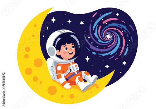 Flat style illustration of cute astronaut lying on moon looking at stars with galaxy background, ideal for bedtime themes, nursery decor, and calming space designs