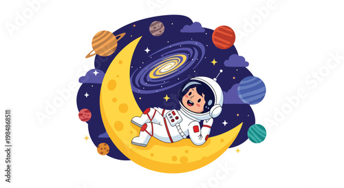 Flat style illustration of cute astronaut lying on moon looking at stars with galaxy background, ideal for bedtime themes, nursery decor, and calming space designs