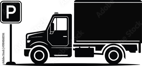 Black truck, parking sign, vector icon, transportation symbol, delivery vehicle