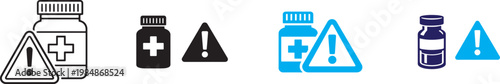 Side effect icon set with warning triangle and medicine bottle showing drug risk and caution use.