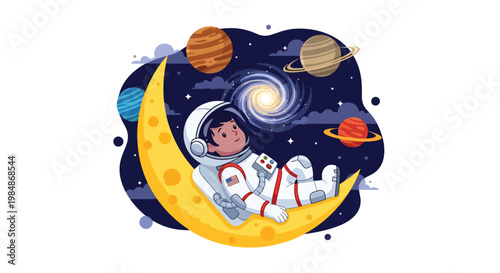 Flat style illustration of cute astronaut lying on moon looking at stars with galaxy background, ideal for bedtime themes, nursery decor, and calming space designs