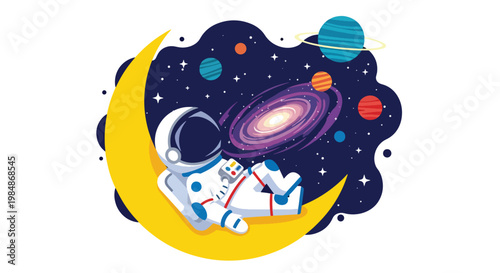 Flat style illustration of cute astronaut lying on moon looking at stars with galaxy background, ideal for bedtime themes, nursery decor, and calming space designs