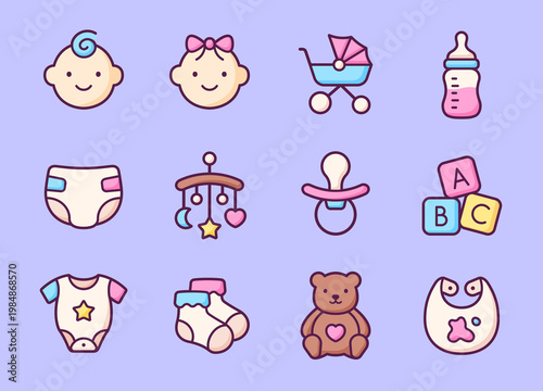 Baby and newborn care colorful icon set. Cute infant symbols for stroller, toys, bottle and diaper. Vector illustration for kids mobile app UI UX and web design