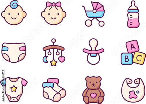Baby and newborn care colorful icon set. Cute infant symbols for stroller, toys, bottle and diaper. Vector illustration for kids mobile app UI UX and web design