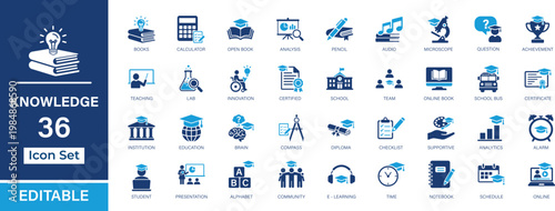 Knowledge 36 Flat Icon Set. Learning, school, student, science, study tools and academic vector icons. Web, editable, scalable, isolated on transparent background.