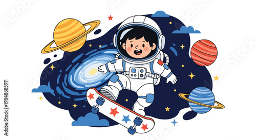 flat style illustration of cute astronaut riding skateboard in outer space with colorful planets and galaxy background, playful cosmic adventure for kids design