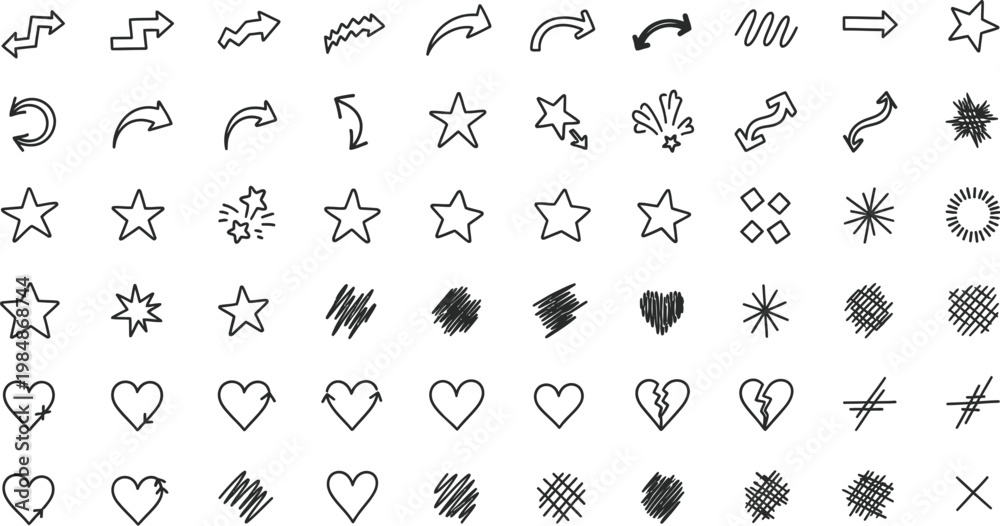 Fototapeta premium Various hand-drawn doodle icons include arrows, stars, exclamation marks, hearts, and scribbled shapes for creative design elements.