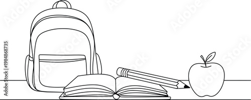 School supplies, educational icons, vector backpack, book, pencil, apple