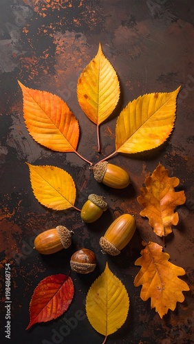 Autumn leaves & acorns on mottled brown background. High angle. Warm color palette
