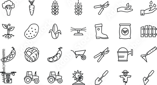 Agriculture Farming Icon Set with Crops Tools Tractor Irrigation Harvest Equipment and Organic Food Symbols for Rural Industry Design and UI Applications