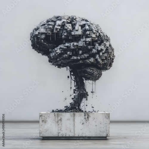 Digital Brain in a Concrete Pot: A stunning visual representation of the human mind, sculpted from intricate digital components and rooted in a concrete pot.