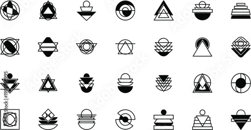 A group of minimalist geometric abstract logos and icons are presented in black on a white background, offering diverse branding and design possibilities.