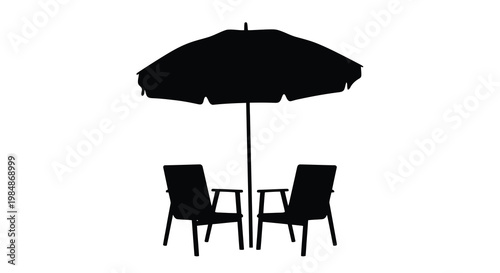 A black silhouette of a beach umbrella with two lounge chairs