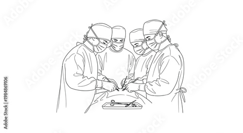 A detailed line drawing depicts a surgical team focused on an operation showcasing a striking silhouette high quality professional modern elegant