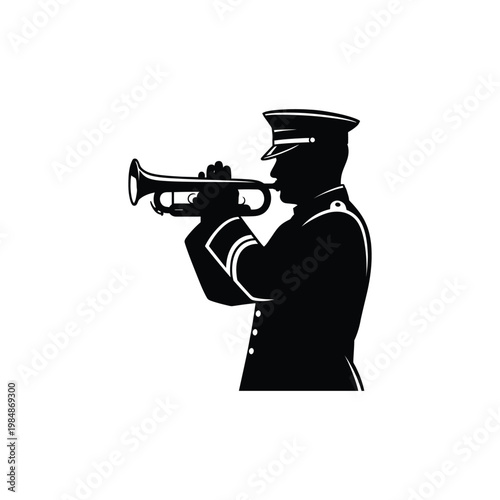 Silhouette of a military man playing the trumpet loudly
