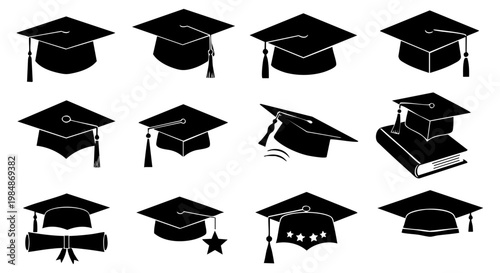 Academic graduation caps vector collection, celebrating educational achievement and success, perfect for university, college, and school ceremonies, symbolizing hard work and future prosperity.