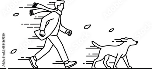 Man walking dog in windy weather, scarf blowing, autumn leaves falling outside.