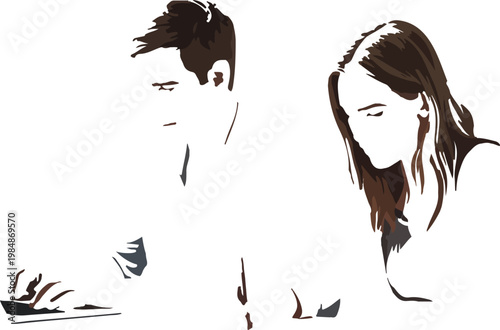 isolated brown hair silhouettes of man and woman working together on desk against transparent background vector.