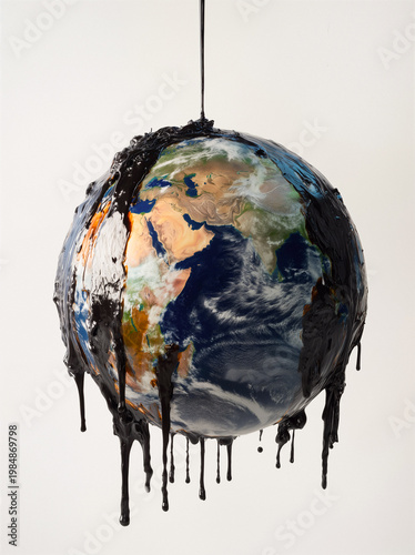 Melting Earth Globe with Dripping Black Substance
