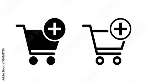 A shopping cart icon with a circled plus sign signifies adding items to a purchase.