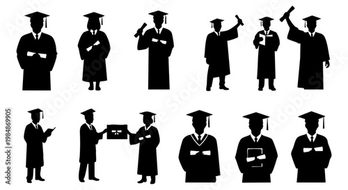Academic success silhouettes featuring diverse graduates in caps and gowns, celebrating achievement, symbolizing educational milestones, and future opportunities through graduation ceremony designs.