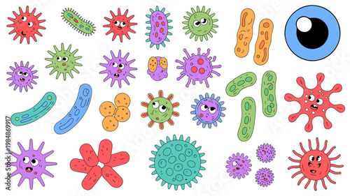 A colorful collection of cartoon microbes and viruses with diverse shapes and happy faces.