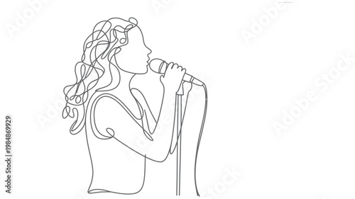 A continuous line drawing illustrates a woman with curly hair singing into a microphone.