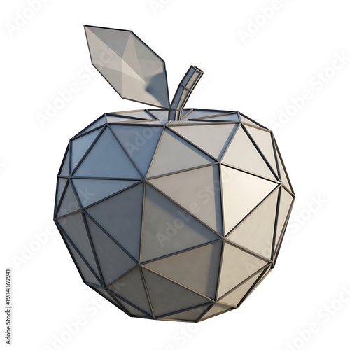 A faceted geometric apple sculpture with a detached leaf sits on a plain white surface.