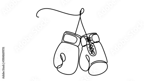 A pair of boxing gloves hangs from a string in a simple, continuous line drawing