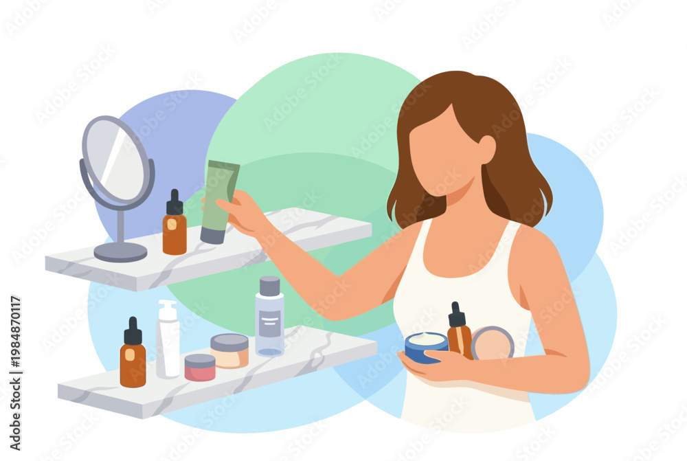 Obraz premium Beauty Woman Makeup and Skincare Daily Routine Illustration