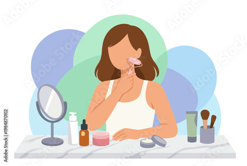 Young Woman Using Rose Quartz Facial Roller for Daily Skincare Routine