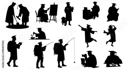 Diverse graduation silhouettes capturing students engaging in various hobbies and activities after earning their academic achievement with pride.