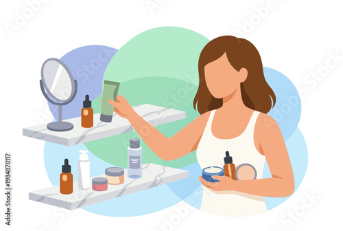 Beauty Woman Makeup and Skincare Daily Routine Illustration