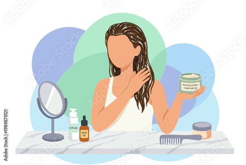 Woman Applying Nourishing Hair Mask and Using Beauty Products