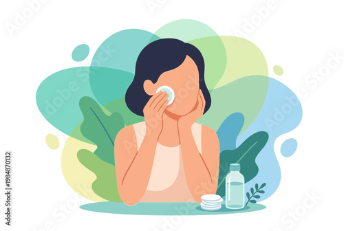 Woman Cleaning Face with Cotton Pad for Skincare Routine