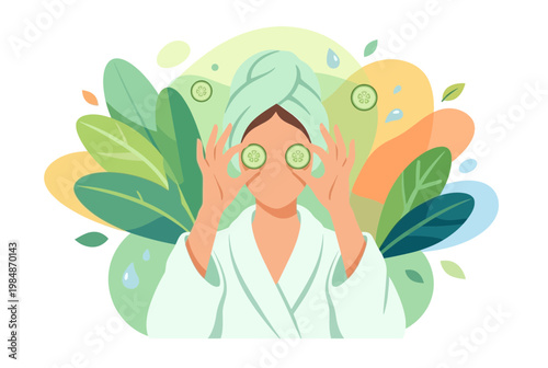 Woman in bathrobe with cucumber slices for skincare treatment